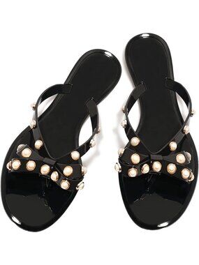 🆕Women's Black Rivet Flip Flops Studded Thong Sandals with Bow Flat Beach